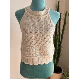 Cream Pointelle Knit Halter Top Cotton Blend Scalloped Soft Academia Coquette